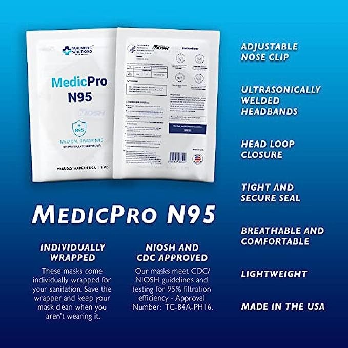 Pack of 100 MedicPro N95 Mask NIOSH Approved, Individually Wrapped N95 Particulate Respirator Mask Made in USA